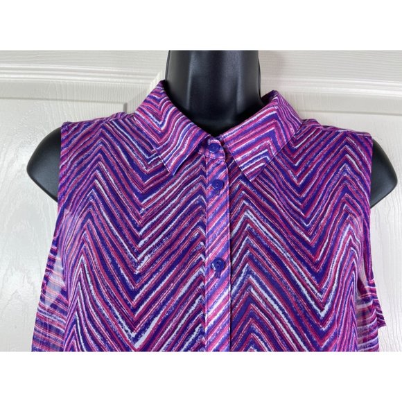 Cato Blouse Sleeveless Sheer Purple Pink White Striped Collar Button Size Medium - Picture 2 of 10